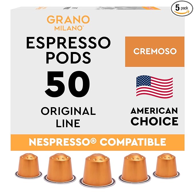 Grano Milano Cremoso Coffee Capsules - 50 Aluminum Coffee Pods Compatible with Nespresso Original line,100% Arabica Medium Roast - Intensity 8/12, Made in Italy