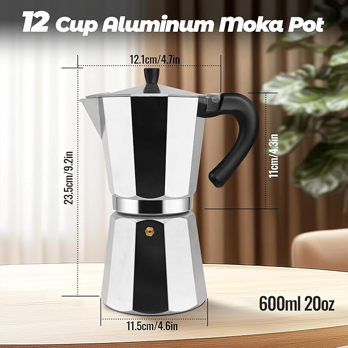 Vaolvpant 12 Cup Aluminum Moka Pot Classic Stovetop Espresso Coffee Maker 600ml 20oz Coffeemaker Percolator Mocha Pot Greca Coffee Maker Cafe Makers for Italian and Cuban Café Brewing Silver