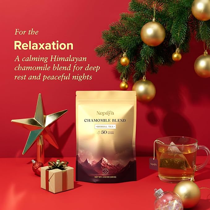 Nepaya Chamomile Herbal Tea Bags – 50 Count Pyramid Bags, Himalayan Chamomile & Lemongrass Blend, Biodegradable, Caffeine-Free Sleep Tea for Relaxation and Bedtime Calm from Nepal