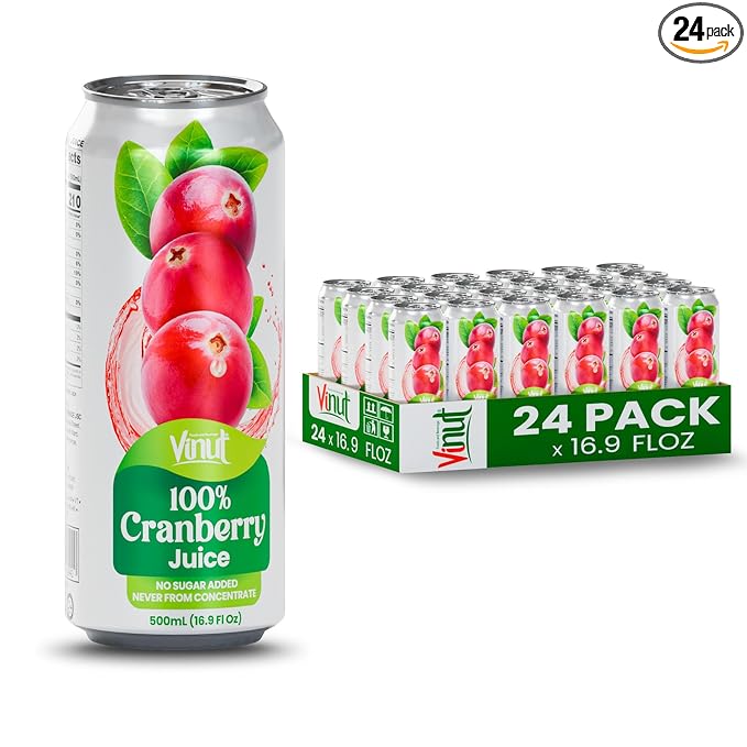 VINUT 100% Cranberry Juice – No Added Sugar, Not From Concentrate, 16.9 fl oz Cans (24 Pack)