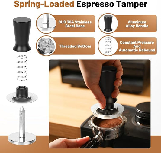 58mm Espresso Tamper Kit - Spring-loaded Coffee Tamper, Adjustable Depth Espresso Distributor Leveler, Magnetic Dosing Funnel Aluminum Metal, Reusable Puck Screen, Fit for 58mm Portafilters