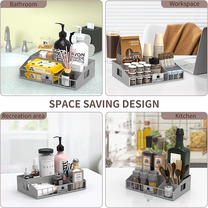 Metal Coffee Station Organizer for Countertop - Coffee Bar Organizer with Designable DIY Logo, K Cup Pods Holder & Tea Condiment Storage - Rustic Breakroom Kitchen Decor in Silver （1 Pcs）
