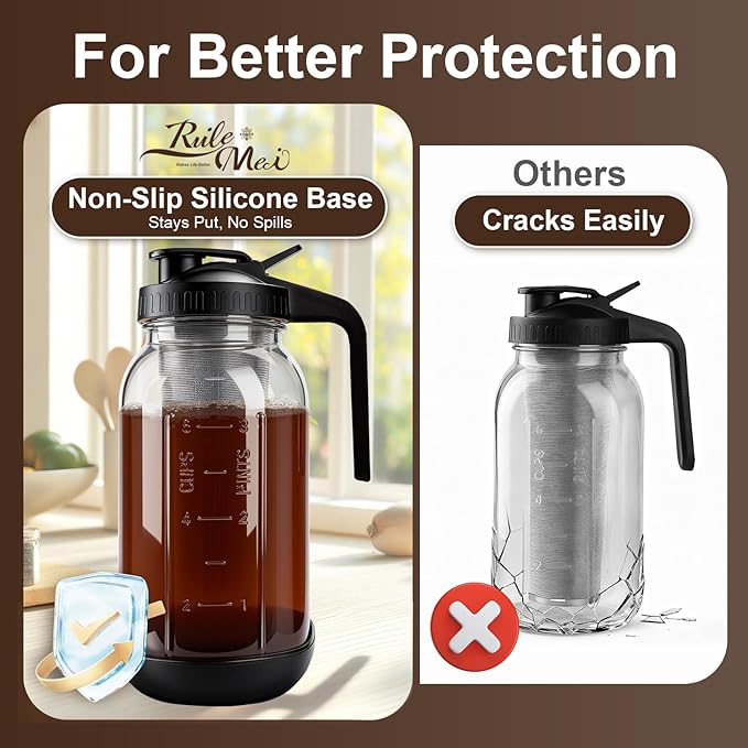 RuileMei Cold Brew Coffee Maker,64 oz mason jar pour spout lid, coffee carafe,Refillable Stainless Steel Filter,Non-slip silicone sleeve for glass pitcher, Homemade Beverage