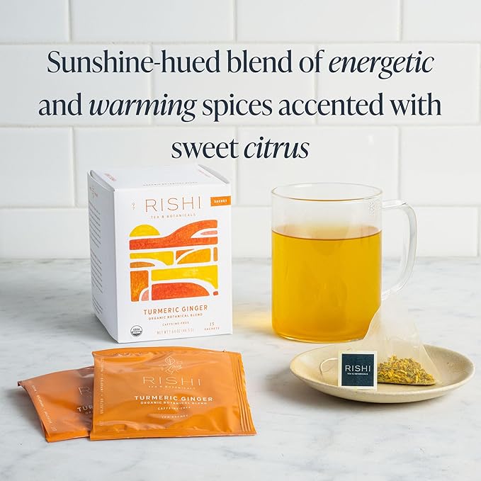 Rishi Tea Turmeric Ginger Herbal Tea - Organic Sachet Bags, Caffeine Free Blend with Spicy Ginger & Citrus, Hot or Iced - 15 Count (Pack of 6)