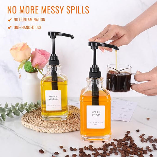 SZUAH 16oz Coffee Syrup Dispenser with Pumps 4pack(480ml), Leak-Proof Syrup Dispensers for Coffee Bar, Kitchen and Commercial Use with Stickers