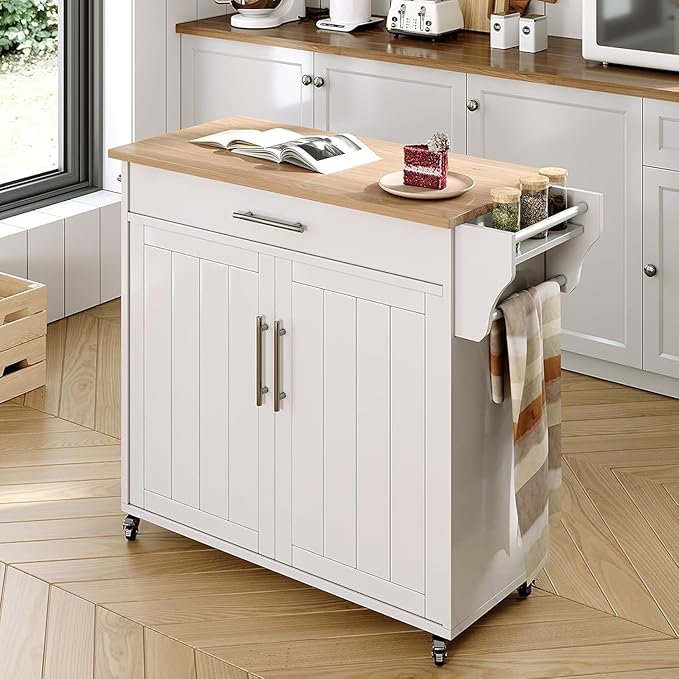 Kitchen Storage Island, Wooden Rolling Kitchen Island On Wheels with Countertop, Mobile Kitchen Island Cart with Towel Rack, Spice Rack and Drawers, White