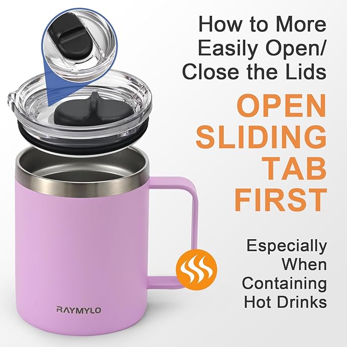 Insulated Coffee Mug 12 oz, Double Wall Stainless Steel Coffee Mug with Lids, Leak-Proof & Detachable Slider Lid for Thorough Clean, Keeps Coffee Cold for 9 Hrs, Suitable for Camp Home Office