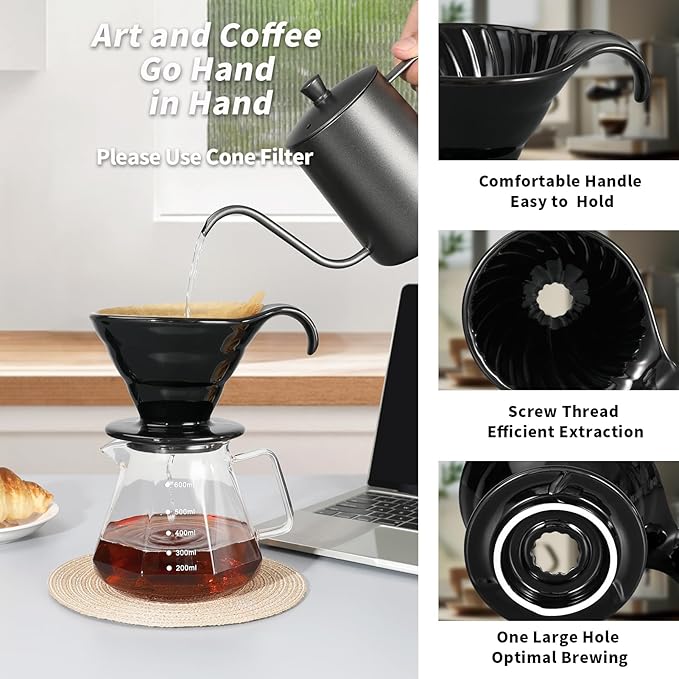 Mongdio Pour Over, Ceramic Coffee Pour Over, Reusable Porcelain Portable Pour Over Coffee Maker with 40pcs Paper Filter, For Home,Black