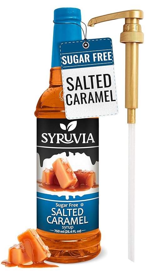 Syruvia Sugar Free Coffee Syrup, Salted Caramel Flavored Syrup for Drinks, Lattes, and Desserts – 25.4 fl oz, With Pump