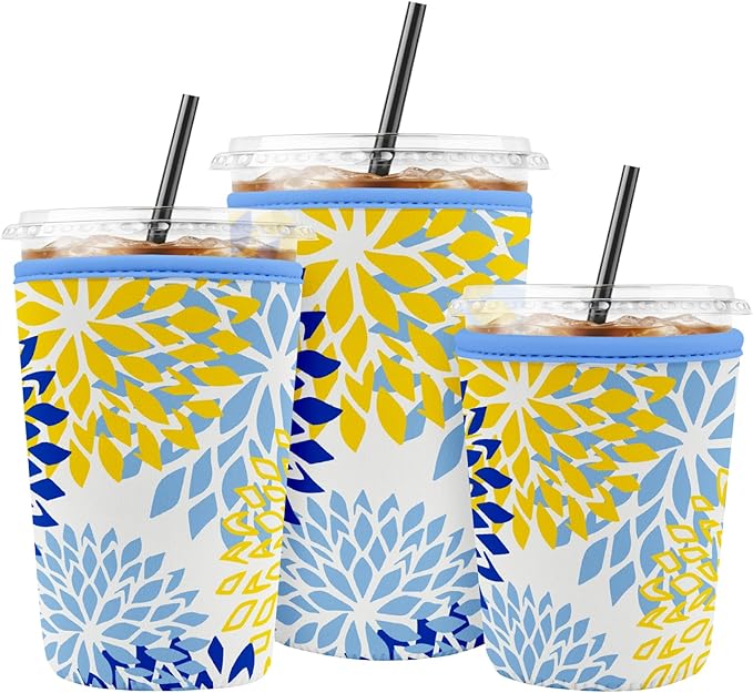 Iced Coffee Sleeve Reusable Cup Sleeves for Cold Drinks Neoprene Koozie Cozy Plastic Cup Covers for Drinks, Blue Yellow Flower