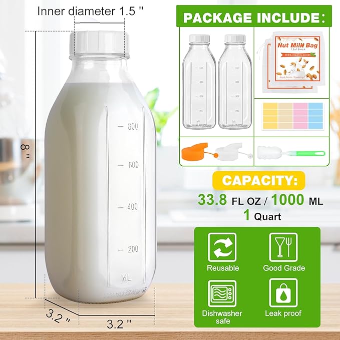 32 Oz Glass Milk Bottles, 2 Pack Scale Mark Drinking Jug with 2 Nut Milk Bags& Airtight Screw Lid & Silicone Pour Cap& Stickers, 1 Quart Reusable Juice Bottle Water Pitcher for Coffee Yogurt