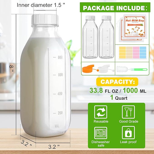 32 Oz Glass Milk Bottles, 2 Pack Scale Mark Drinking Jug with 2 Nut Milk Bags& Airtight Screw Lid & Silicone Pour Cap& Stickers, 1 Quart Reusable Juice Bottle Water Pitcher for Coffee Yogurt