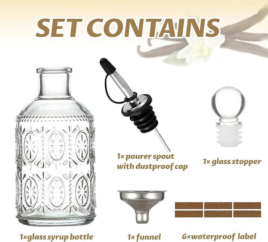 Retro Glass Syrup Dispenser Bottle 7oz, Oil and Vinegar Cruet with Stainless Steel Pour Spout, Labels, Funnel & Stopper(Floral-B)
