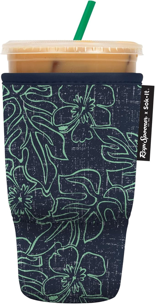 Sok It JavaSok Iced Coffee & Cold Soda Insulated Neoprene Cup Sleeve (Reyn Spooner Monstera Ink, Large: 30-32oz)