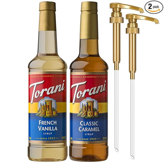Torani Syrups, Classic Caramel and French Vanilla Syrup Variety 2-Pack, Coffee Syrups for Drinks, Pumps Included, 25.4 Fl Oz Ea