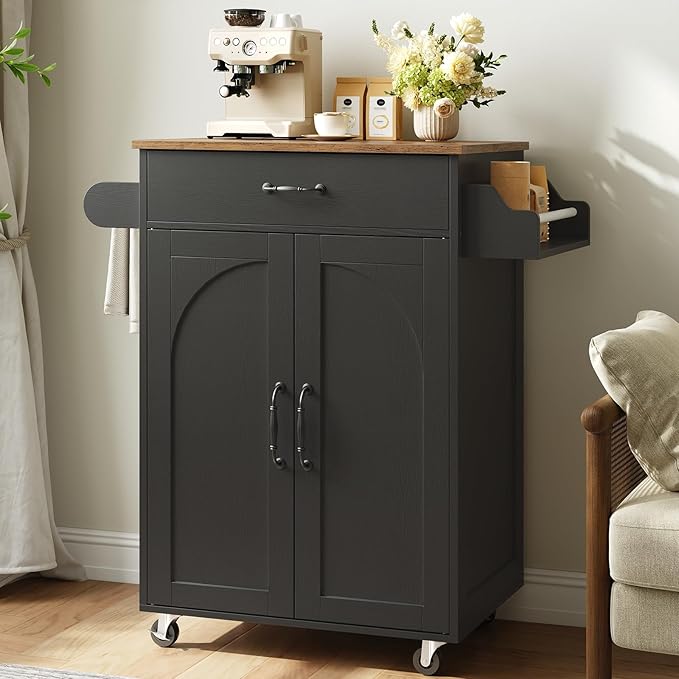 Kitchen Island Cart, Small Kitchen Island with Storage Cabinet and Drawer, Rolling Kitchen Cart on Wheels with Spice Rack and Towel Rack, for Kitchen, Dining Room, Black and Rustic Brown