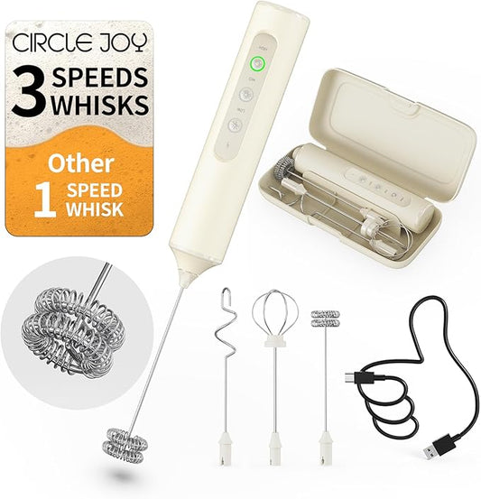 CIRCLE JOY Rechargeable Handheld Milk Frother Wand with 3 Variable Speeds, 3 Whisks and Storage Box, Electric Drink Mixer for Latte, Cappuccino, Hot Chocolate, Eggs and Protein Powder, Beige