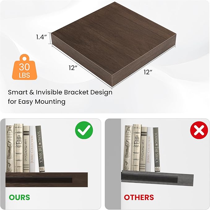 Square Floating Shelves for Wall, 12" W x 12" D x 1.4" H, Small Wooden Wall Mounted Display Shelves with Invisible Brackets for Living Room, Bedroom, Bathroom, Kitchen Decor, Set of 3, Walnut