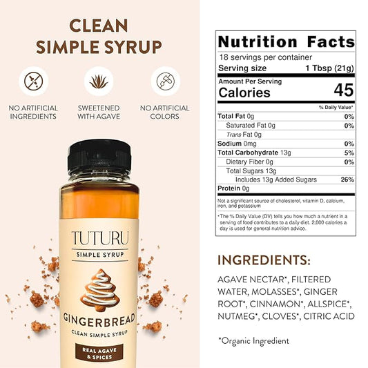 Gingerbread Simple Syrup for Coffee, Cocktails, Matcha - Sweetened with Agave Nectar - Infused with Real Gingerbread Spices - 13.5 oz