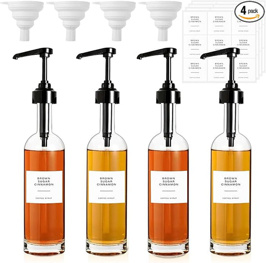 4 PCS 25 Oz Glass Coffee Syrup Dispenser 750 ML Glass Syrup Bottle With Pump And Labels Black Coffee Syrup Pump Dispenser for Coffee Bar Accessories, Home Bar