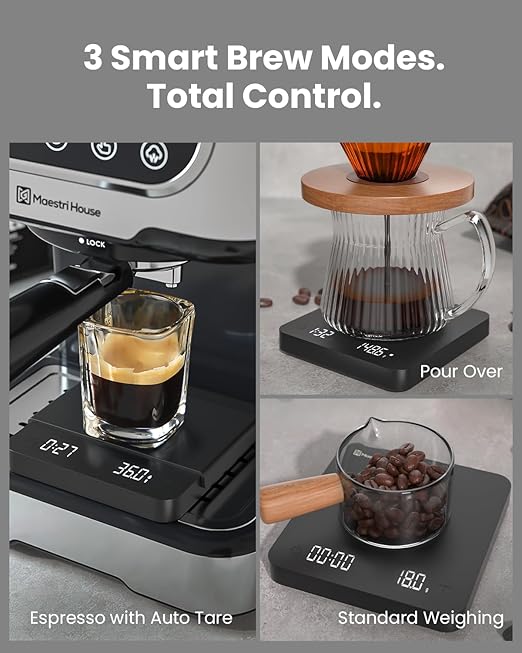 Maestri House S1 Air Espresso Scale with Timer, 0.1g Precision Coffee Scale with Auto Tare, 3 Smart Brew Modes, Ultra-Slim 0.63" Low-Profile, Rechargeable Digital Scale for Espresso & Pour Over