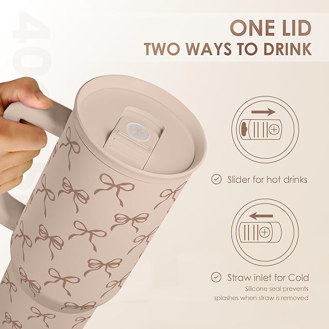 Bow Tumbler with Handle and Straw 40oz – Stainless Sleel Slider Tumbler Travel Coffee Mug for Women - Gift Idea for Birthday Christmas