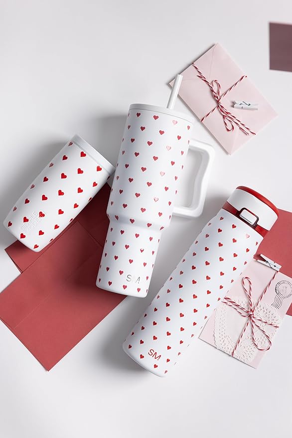 Simple Modern Valentine's Day Mesa Loop Water Bottle with Covered Straw and Handle | 30oz Cup Holder Friendly Insulated Stainless Steel Bottles for Travel, Sports and School | Crimson Hearts