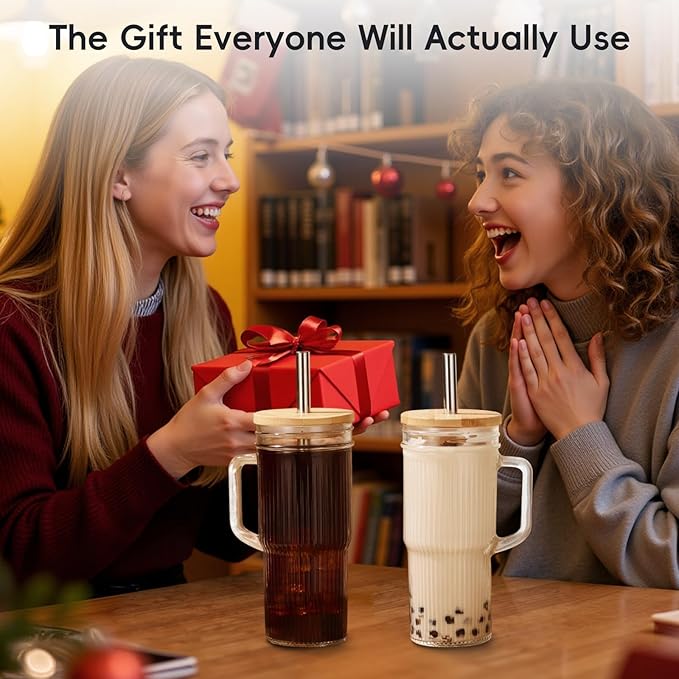 24oz Ribbed Glass Tumbler with Straw and Lid,Glass Cups with Handle,Stainless Steel Straws & Cleaning Brushes – Iced Coffee Cup for Smoothies, Tea, and Gifts, Set of 2