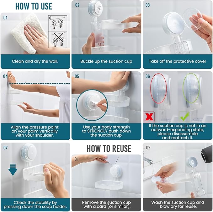 TAILI Double Layer Soap Dish Holder Suction Cup, Strong Sponge Holder for Shower, No Tools Soap Saver for Bathroom, Tub and Kitchen Sink, Shower Accessories, Drill-Free, Removable,Clear