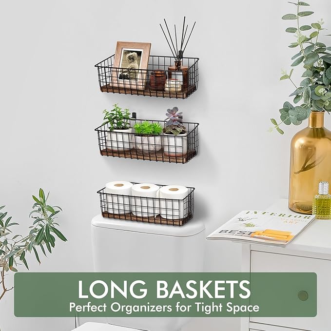 Wall Hanging Baskets 3 Pack, Diversified Wire Basket Shelves of Wooden Style, with Wall Mounted Hooks & Traceless Stickers, for Kitchen Coffee Bar Office Room Garage Storage Organization (Extra Large)