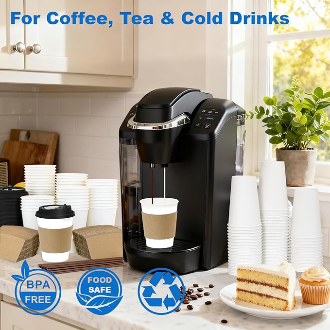 Coolcap 12 oz 300 Pack Coffee Cups with Lids and Sleeves, Straws, Hot Disposable To Go Travel Paper Cups Bulk for Office, Home Coffee Bar Accessories, Chocolate, Cocoa, Beverage (White)
