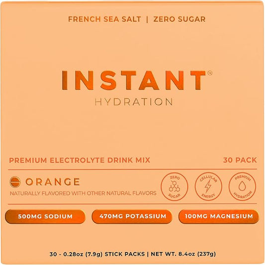 Instant Hydration Electrolytes Powder Packets - Citrus Orange Drink Mix - Zero Sugar - Keto, Vegan, Gluten-Free, Non-GMO - Boost Recovery, Brain Health, Muscle & Tissue Support- 30 Sticks