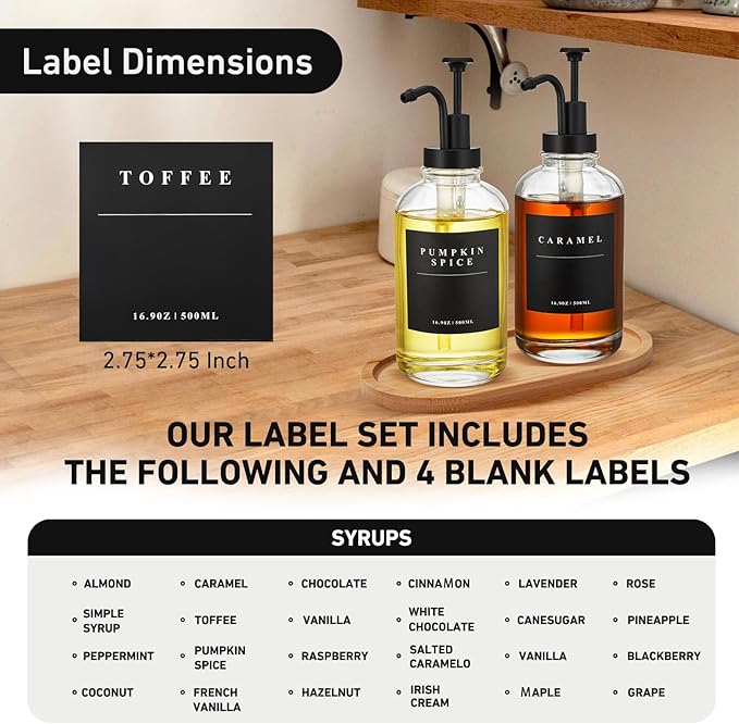 Coffee Syrup Dispenser for Coffee Bar, Coffee Syrup Pump Dispenser, Glass Syrup Bottle with Black Upgraded Pump, 2 Pack 16.9 oz 500 ml Syrup Dispensers, 28 Labels and Bamboo Tray