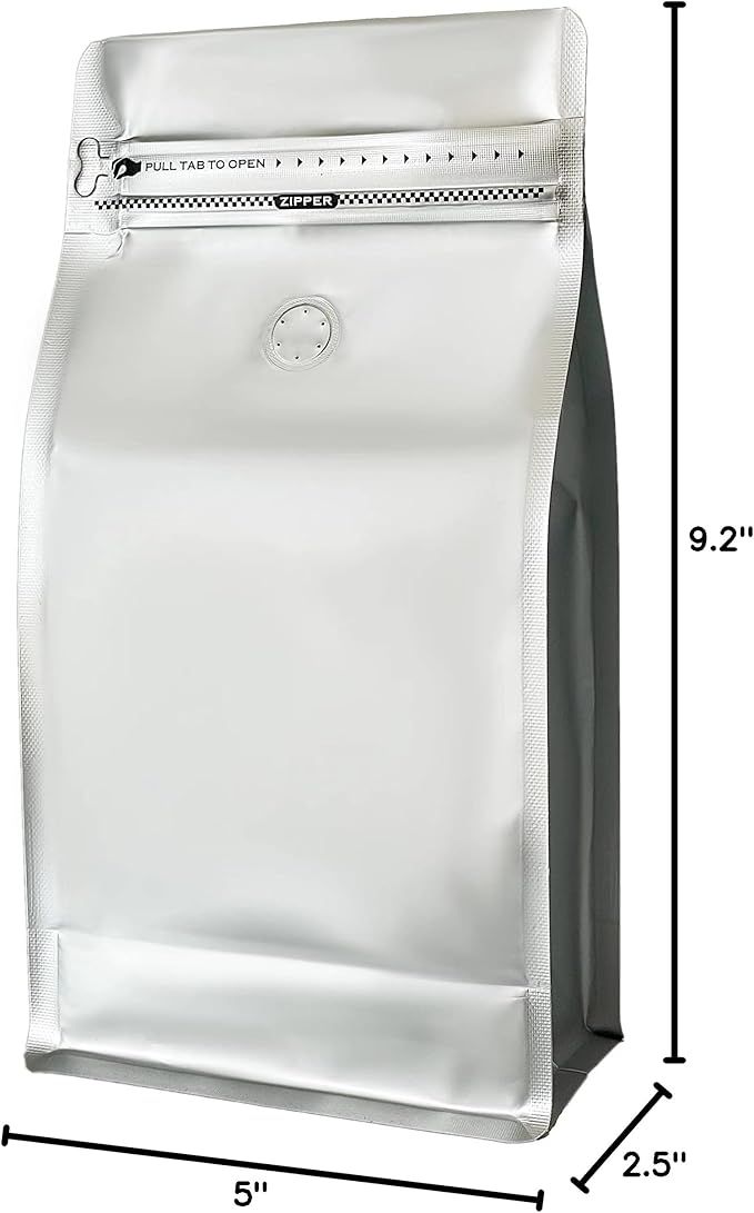 Coffee Bags with Valve,(12 oz,3/4 lb,50pcs) Empty Silverly Aluminumed Foil Flat Bottom Standing Heat Sealed Coffee Beans Storage Bags,Side Zipper Reusable Pouches for Home or Store
