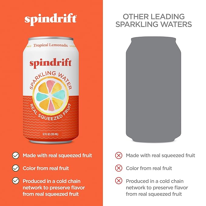 Spindrift Sparkling Water, Tropical Lemonade Flavored, Made with Real Squeezed Fruit, 12 Fl OZ Cans, Pack of 24 (Only 13 Calories per Can)