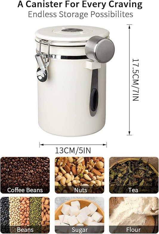 INFTYLE Coffee Canister with Airtight Lid, 22oz, 60 fl oz White, Stainless Steel Air Tight Lid Container with Date Tracker and Scoop Food Storage Jar for Coffee Bean (Cream)