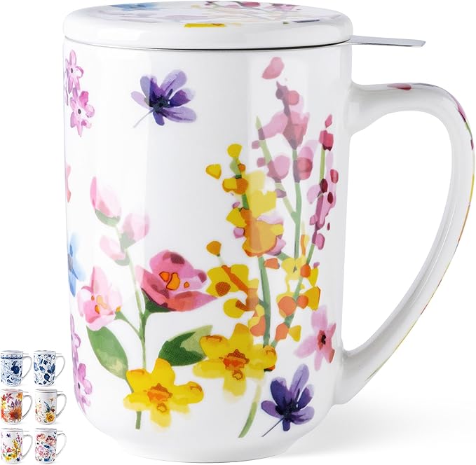GBHOME Tea Mug with Infuser and Lid, 18 Ounce Large Ceramic Loose Leaf Cup, Microwave, Dishwasher Safe, Perfect For Tea Lovers
