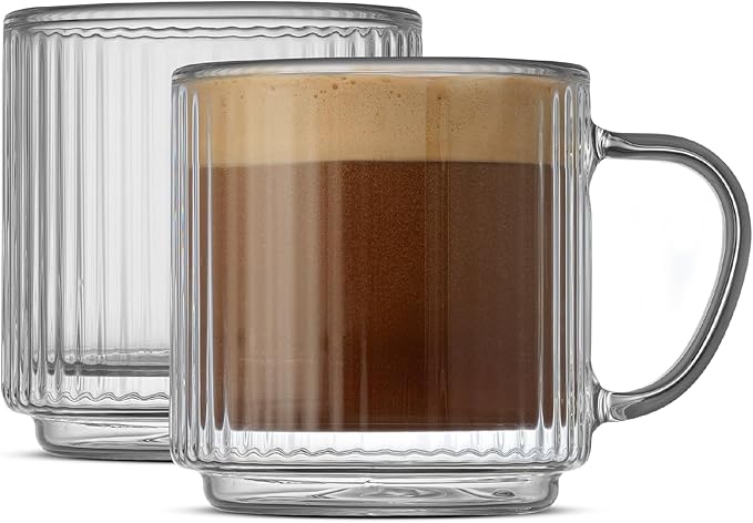 JoyJolt Haven Stackable Fluted Glass Mugs Set of 2, 5.5oz Ribbed Double Wall Glass Coffee Mugs, Stacking Insulated Coffee Cup Set also for Espresso Shot Tea Latte Macchiato Cappuccino