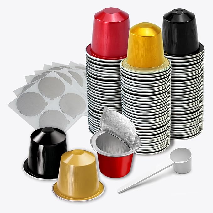 Espresso Capsules Refillable Coffee Pods For Nespresso Original Line,Disposable Aluminum Coffee Filter Capsule,Replacement Pods Kit For Nespresso Machine (60 Foil Seals Lids+60 Pods+1 Spoon)