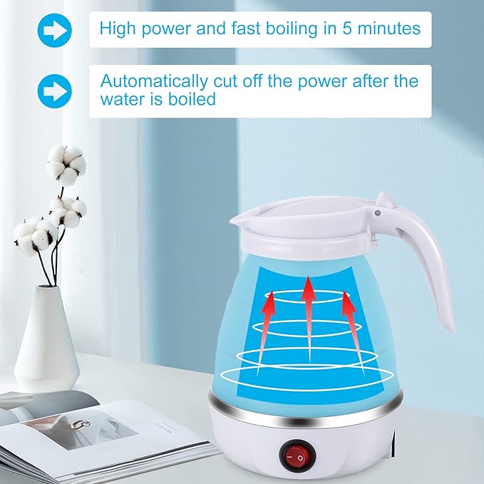 Portable Electric Kettle Travel Size, 600ML Small Foldable Tea Coffee Kettle with Collapsible Bowl and Cups, 5 Min Fast Water Boiling, BPA Free Food Grade Silicone, 110V 400W