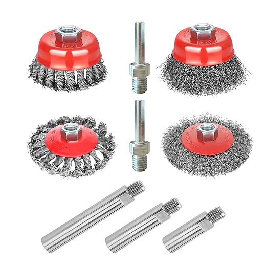 Gaquolam 9 Pack Wire Wheel Brush kit with 5/8"-11 Thread Grinder Extension Rod & Drill Adapter,4" & 3" Wheel Cup Wire Brushes(Wire Wheel Set with Grinder Extension Rod & Drill Adapter)