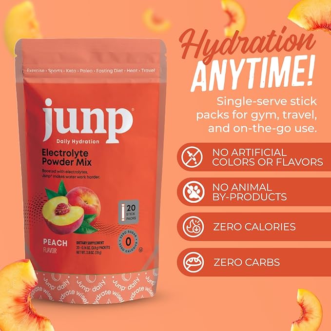 JUNP Sugar Free Electrolytes Powder Packets for Water Instant Hydration Packets with Salt & Potassium, Zero Calorie, No Carbs No Sugar Electrolyte Drink Mix Sticks, Keto Friendly, Juicy Peach 5 Pack