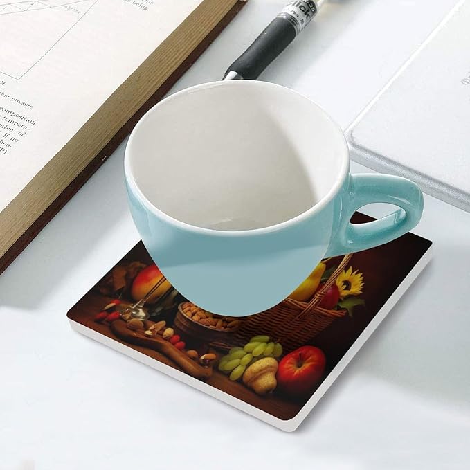 Square-6PCS Red Wine Drink Coasters, Square Modern Ceramic Absorbent Coasters, Retro Red Wine Bottle and Grapes Fruit Basket Pattern Decor Desk Coffee Table Coaster for Beverage Cup Tea Coasters