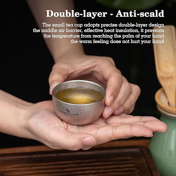 iBasingo Titanium Double Wall Mini Cups Small 40ml Tea Cups for Drinking, Whiskey, Espresso, Coating-Free, Dishwasher Safe Ti3204D (Silver * 2)