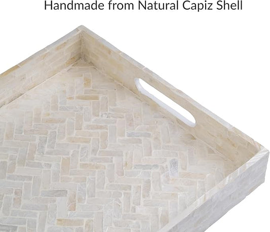 PEMAR Handmade Capiz Shell Decorative Serving Tray – Mother of Pearl Finish Herringbone Mosaic Rectangular Tray with Handles, 15.74 x 11.8 x 2 in, for Coffee Table & Home Decor