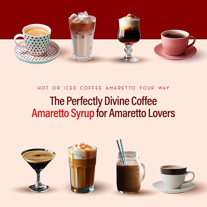 RIO Amaretto Coffee Syrup, Perfect for Hot or Iced Drinks & Desserts, Sweet & Nutty Taste, Sweetened with Pure Cane Sugar, Barista-Grade Flavor Syrups for Coffee Drinks at Home & Work - 700ml