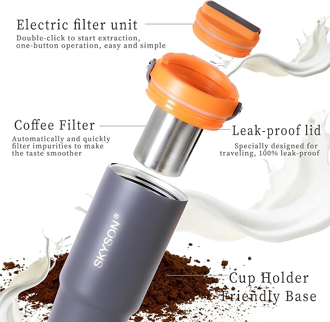 minkah Fast Extraction Mini Electric Espresso Maker - Portable Filter Coffee Brewer for Travel,Insulated Stainless Steel Tumbler,20 oz Reusable Iced Coffee Cup Machine,Hot Coffee Mug with Lid(White)
