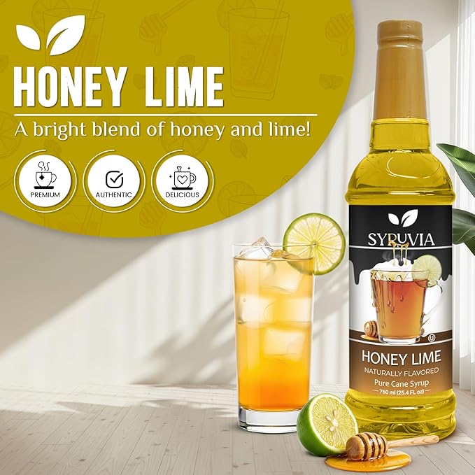 Syruvia Honey Lime Flavored Syrup for Drinks, Cocktails, Mocktails, Iced Teas and Desserts – 25.4 fl oz, With Pump