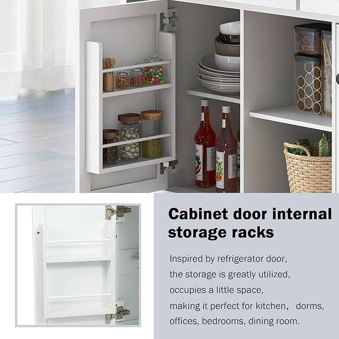 Yayzy Rolling Kitchen Island with Drop Leaf, Cabinet Door Storage Racks & 3 Drawers, Mobile Kitchen Cart with Rubberwood Top & Locking Wheels for Dining Room & Kitchen, 53-Inch, White