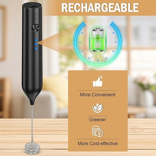 Rechargeable Milk Frother Handheld, Electric Whisk with 3 Speeds, Hand Drink Mixer with 2 Heads, Portable Coffee Frother Wand Handheld for Coffee, Lattes, Cappuccino, Eggs (Black)